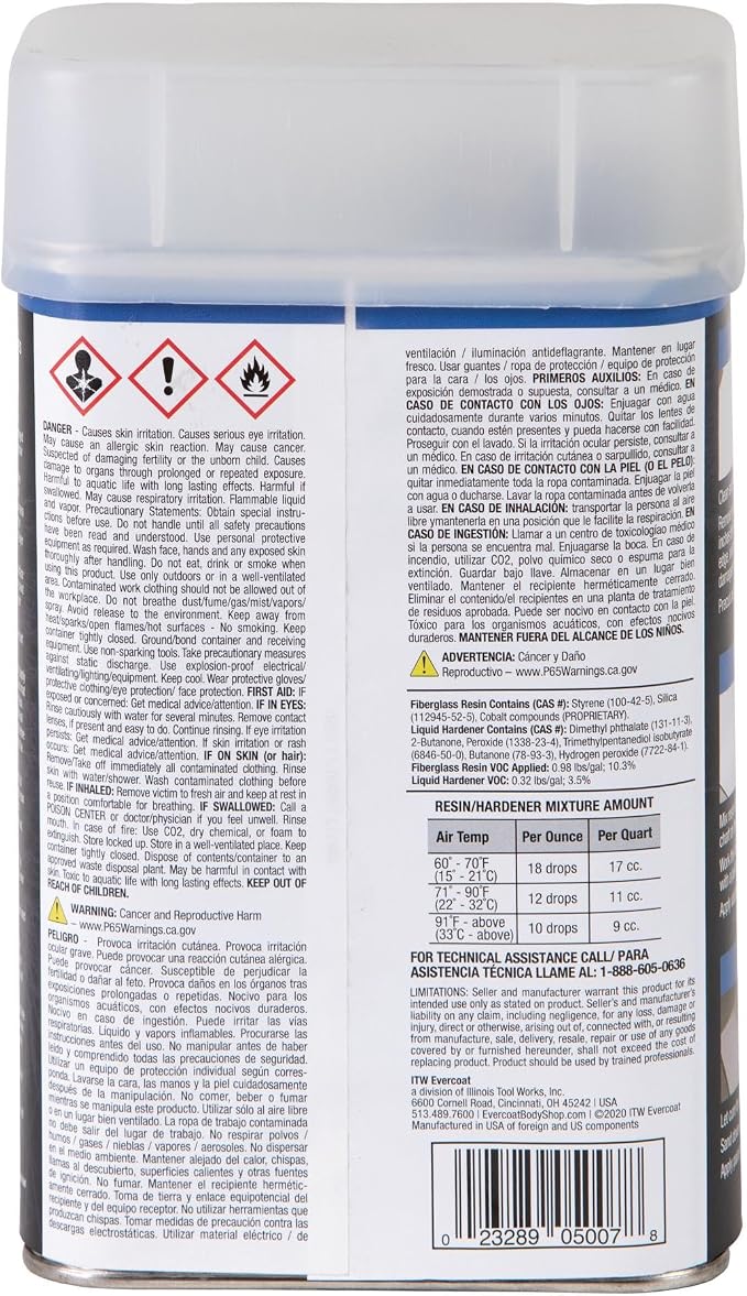 Evercoat Body Shop 105007 Pro-Grade Fiberglass Resin for Repairing and Rebuilding Panels & Holes in Fiberglass, Metal, Wood & More, Easy Mix Hardener Included 32 Fl Oz.