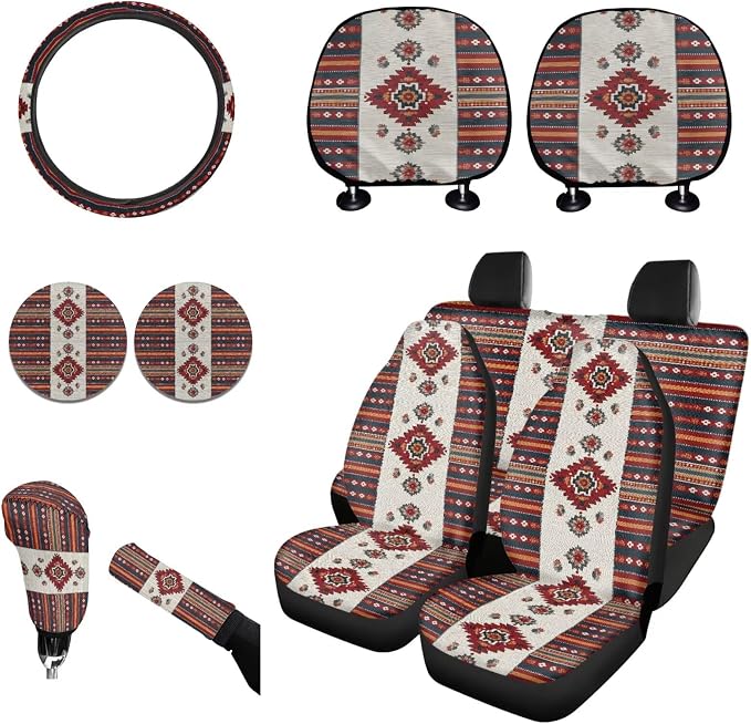 Wanyint Car Seat Cover Full Set 11 Pack, with Steering Wheel Gear Shift Knob Handbrake Headrest Protector Coasters Auto Accessories Decor Universal Fit, Ethnic Tribal Aztec Red