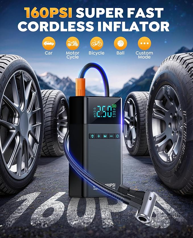 Car Battery Jump Starter with Air Compressor 6000A 160PSI, Car Jumper Starter Portable (All Gas/12L Diesel), 12V Jump Box Car Battery with Auto-Shutoff Tire Inflator, Jumper Cables and Light