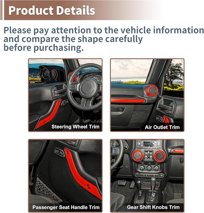 Decoration Set of 21 for Center Console Steering Wheel Air Outlet Door Handle Cover for Jeep Wrangler JK JKU 2011-2018 2-Door 4-Door Interior Trim Accessory Red