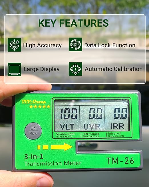 Digital Window Tint Meter TM-26 – Automotive VLT Tester with UVR & IRR Measurement, 8mm Slot Light Transmittance Meter for Car Side Windows and Solar Film Inspection (TM-26 with PU case)