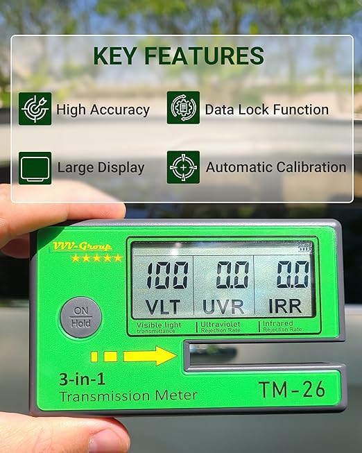 Digital Window Tint Meter TM-26 – Automotive VLT Tester with UVR & IRR Measurement, 8mm Slot Light Transmittance Meter for Car Side Windows and Solar Film Inspection (TM-26 Without PU case)