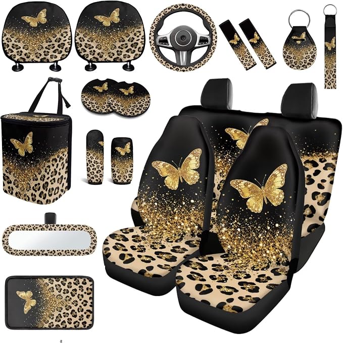 Butterfly Leopard Print Car Seat Covers Full Set Leopard Print Car Accessories Full Set with Butterfly Car Headrest Covers Seat Belt Pads Cover Auto Trash Can Steering Wheel Cover Universal