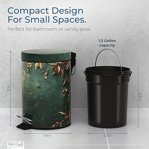Sanilo Small Bathroom Trash Can with Lid [1.3 Gallon] - Lidded Tiny Trashcan for Garbage - Mini Metal Bin with Soft Closing Mechanism - Bath Room Accessoire Wastebin with Inner Bucket (Greego)