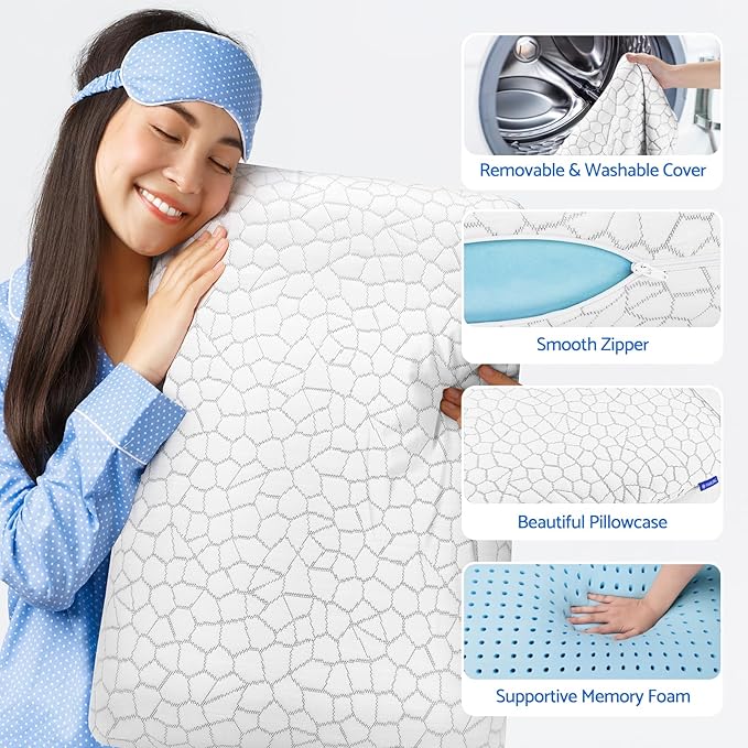 CushZone Memory Foam Pillows for Sleeping, Bed Pillow with Removable and Machine Washable Cover, Bed Pillow for Side, Back and Stomach Sleepers, Queen Size (1 Pack)