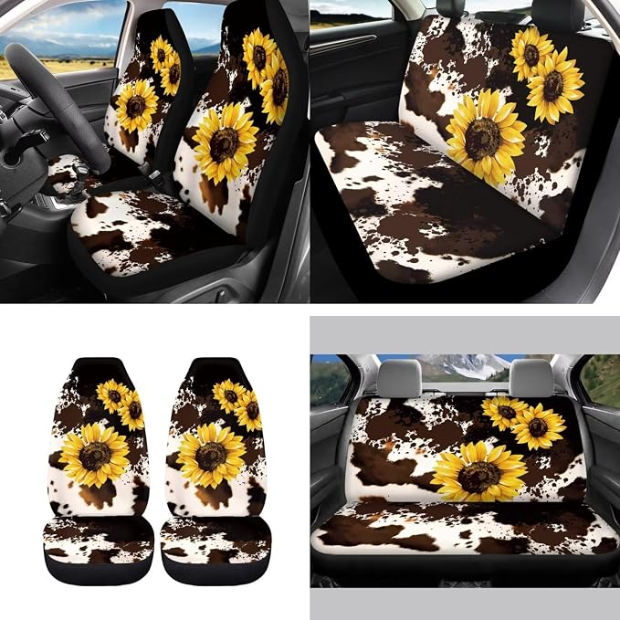 Cow Sunflower Seat Covers for Women,11pcs Cow Car Seat Covers Accessory Full Set Interior Decor,with Cow Keychain,Steering Wheel Cover,Seat Belt Pads,Cup Holder Mats Universal Fit