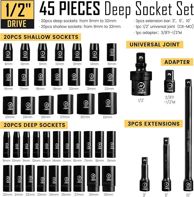 1/2" Drive Impact Socket Set, 45 Piece Deep & Shallow Metric Socket Set 9mm to 32mm + 1/2" Drive Ratchet Wrench