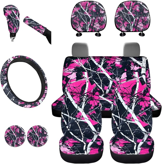 KEIAHUAN Pink Muddy Camo Branch Car Accessories Include Car Seat Cover Headrest Cushion Pads/Cup Coasters/Gear Shift Cover Handbrake Cover/Steering Wheel Cover Full Set of 11 for Women