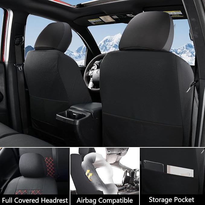Truckiipa Tacoma Truck Seat Covers Full Set Leather Waterproof Seat Covers Fit for 2005-2015 Toyota Tacoma Double Crew Cab, Full Set, Black&Red