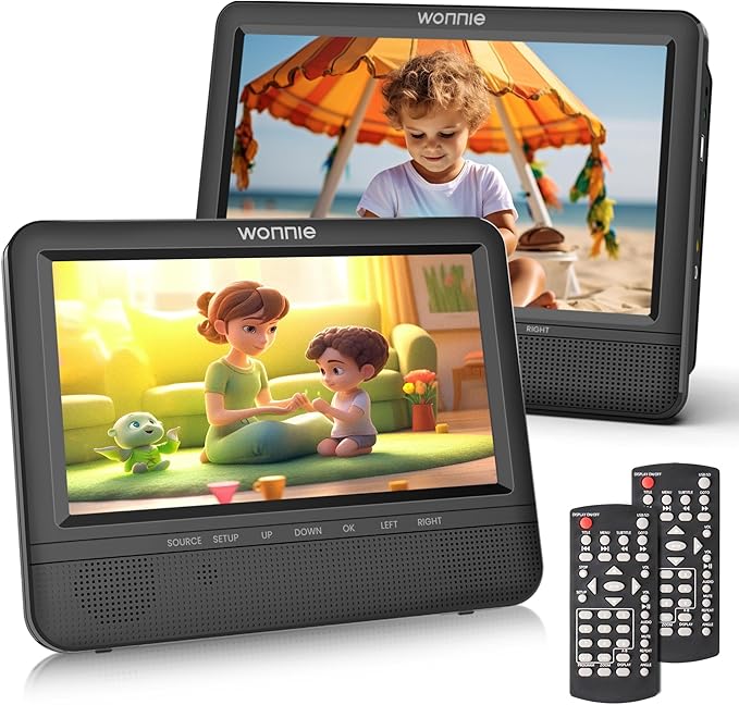 WONNIE 7.5'' Car DVD Player Dual Screen, Headrest DVD Player Play the Same or Two Different Movies with Headrest Straps, Support Last Memory, AV Out/in, USB/SD, All Regions