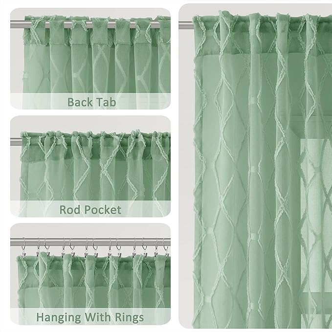 Extra Long Aqua Green Sheer Curtains 108 Inches Long for Living Room 2 Panel Geometric Embroidered Tuft Pom Textured Back Tab Drapes Light Filtering Window Curtain Vintage Country Window Decor 52x108