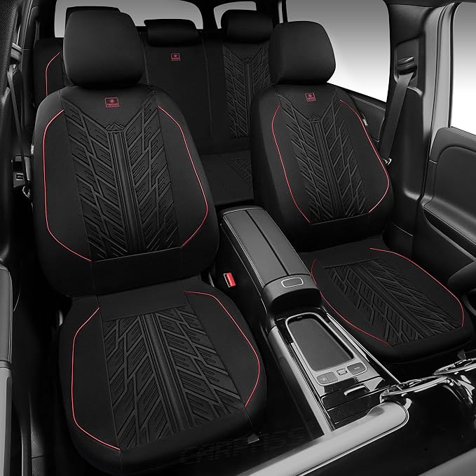 CAR PASS Waterproof Car Seat Covers Full Set,Neoprene Car Seat Covers 5 Seats,3D Tyre Embossed Wetsuit Seat Covers All-Weather Non-Slip Durable Universal Fit Trucks,SUV,Airbag Compatible,Black Red