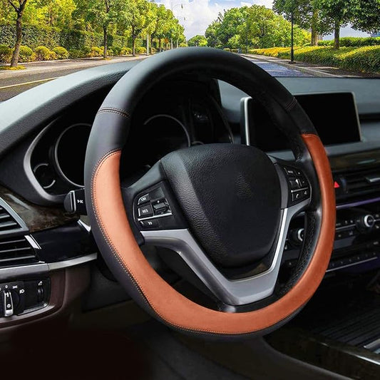 Valleycomfy Microfiber Leather Steering Wheel Cover Large-Size for F150 F250 F350 Ram 4Runner Tacoma Tundra Range Rover Model S X with 15 1/2 inches-16 inches Outer Diameter (Brown)
