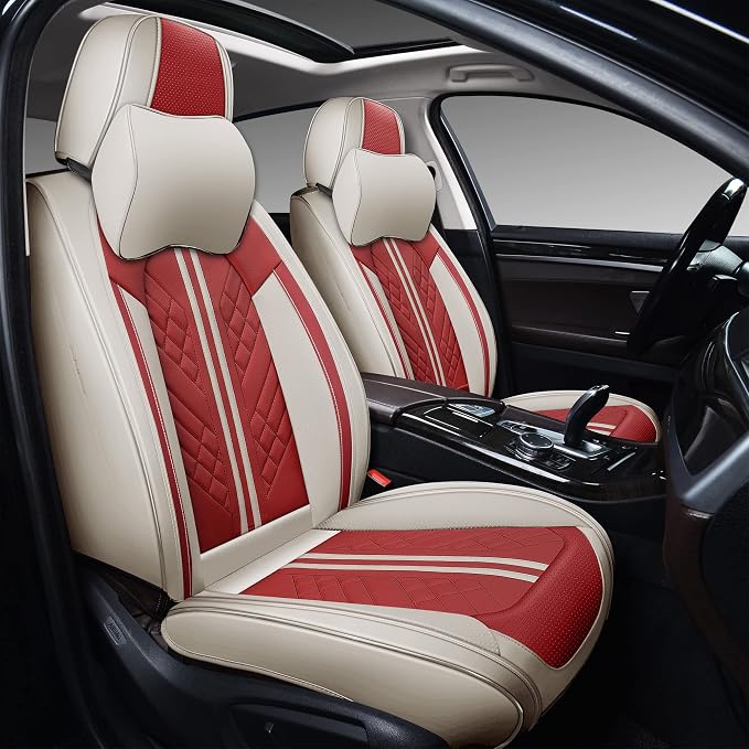 GXT Deluxe Faux Leather Full Coverage Car Seat Cover Anti-Slip Universal Fits for Sedans SUV Pick-up Truck with Headrests,Interior Accessories(White and Red)