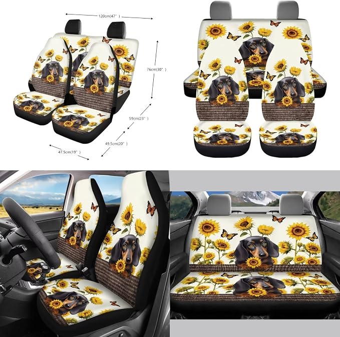 Dachshund Sunflower Butterfly Pattern Car Seat Covers Full Set Car Accessories Pack of 10 Steering Wheel Cover Cup Holder Car Trash Can Keychain Air Vent Pounch Bag Interior Covers for Auto
