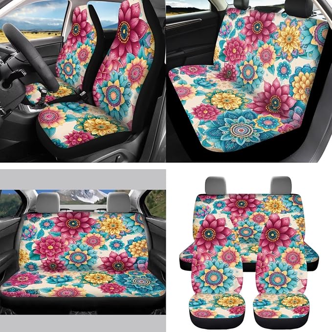 Boho Blossoms 15 PCS Car Seat Cover Set with Auto Steering Wheel Cover Seat Belt Strap Protector Cup Holder Trash Bag Rear View Mirror Protector Keychain