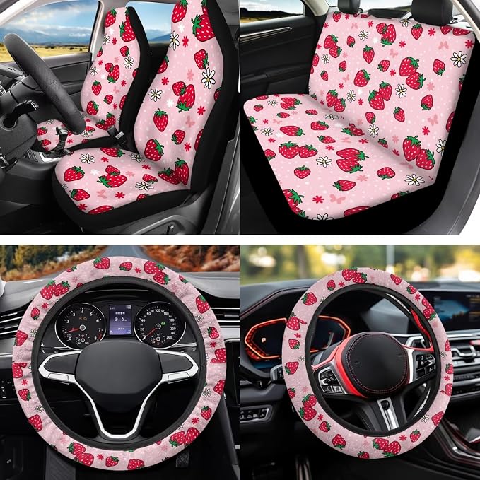 Cute Strawberry Car Seat Covers Full Set 12 Pack with Steering Wheel Cover Center Console Cover Keychain Holder and Car Seat Belt Cover Universal Fit Most Vehicles Cars SUV