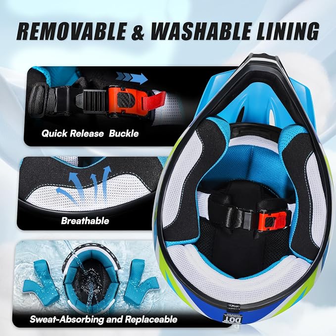 Youth Dirt Bike Helmet DOT Approved, Kids Motocross Full Face Helmet with Adjustable Goggles Riding Gloves & Storage Bag, Off-Road Sport Gear Set for Boys Girls ATV UTV