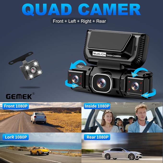 360 Degree View 4 Channel Dash Cam 5G WiFi & APP Control, GEMEK 2K Front and Rear Inside, Left Right Dash Camera for Cars Free 64GB TF Card, G-Sensor, Night Vision, 24H Parking Mode (3.01 inches)