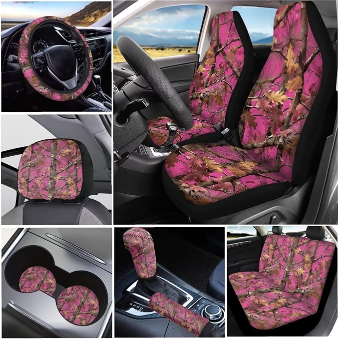 KEIAHUAN Pink Camo Hunting Car Seat Cover Full Set 11 Pieces Front & Back Seat Covers with Handbrake and Gear Shift Knob Cover, Headrest Cover, Coasters, Non-Slip Car Steering Wheel Cover, Coasters
