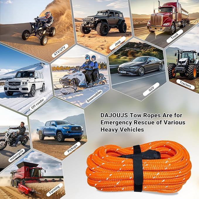 Kinetic Recovery Tow Rope 7/8" x 30ft Tow Strap 48500lbs Snatch Strap with 2Pcs Soft Shackles 56000lbs Break Strength Heavy Duty Kinetic Towing Rope for Truck ATV UTV Offroad Recovery Rope Kit