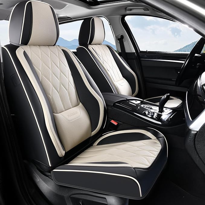 FLORICH Car Seat Covers Front and Rear Seat Cover for Car Luxury Faux Leather Automotive Seat Covers Full Set Universal Car Seat Protector 5 Seats Fit for Most Cars Sedans Trucks SUV, Black&Beige