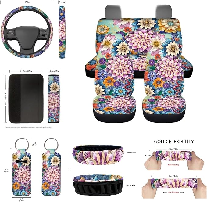 14pcs Bright Blossom Flower Automotive Seat Covers Interior Sets+Abstract Hippie Flower Steering Wheel Cover+Seatbelt Pads+Cup Coasters+Keychains+Mirror Cover+Gear Shift Knob+Handbreak