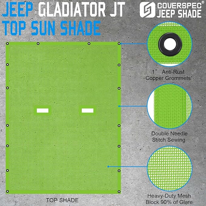 JT Top Sun Shade Roof Compatible with Jeep Gladiator 4 Door 2018 to 2023 Sunshade Sunroof Bikini Cover Blocks UV Wind Noise Green Mesh for Full Length