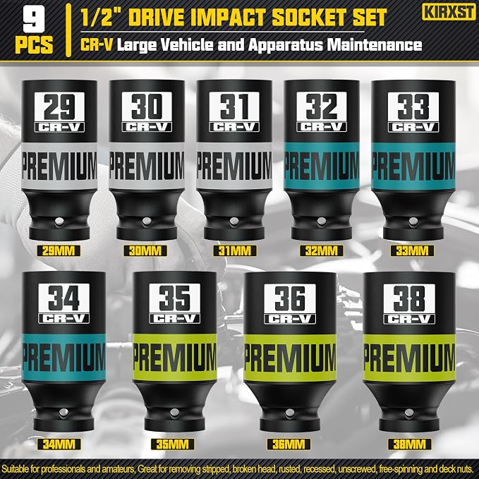 9 Piece 1/2" Drive Impact Socket Set, Metric Axle Nut Sockets, 29-38mm Thicker Jumbo Sockets, Socket Set, 6 Point, Cr-V Steel for Auto Repair