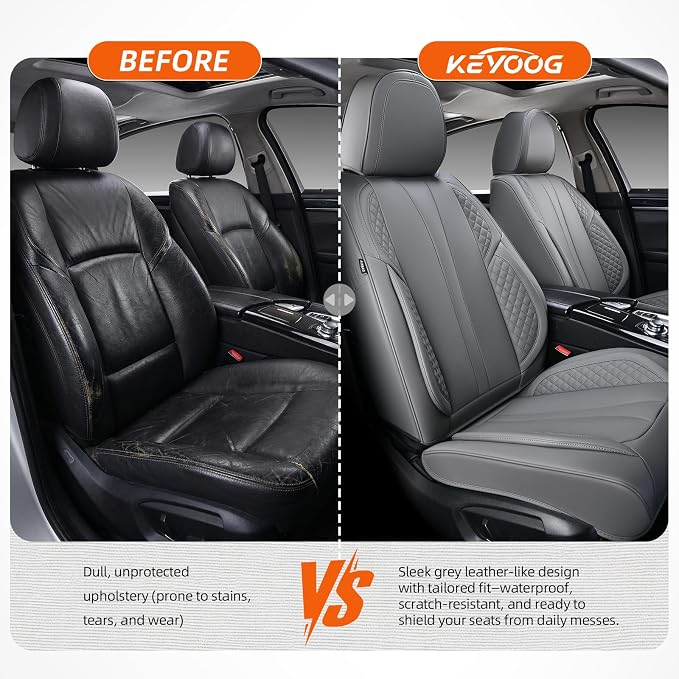 2-Seater Car Seat Covers Full Set Waterproof and Breathable Nappa Leather, Fit for Front Seats of Cars, Compatible with Airbags, Car Seat Protector Covers for Most Cars - Grey