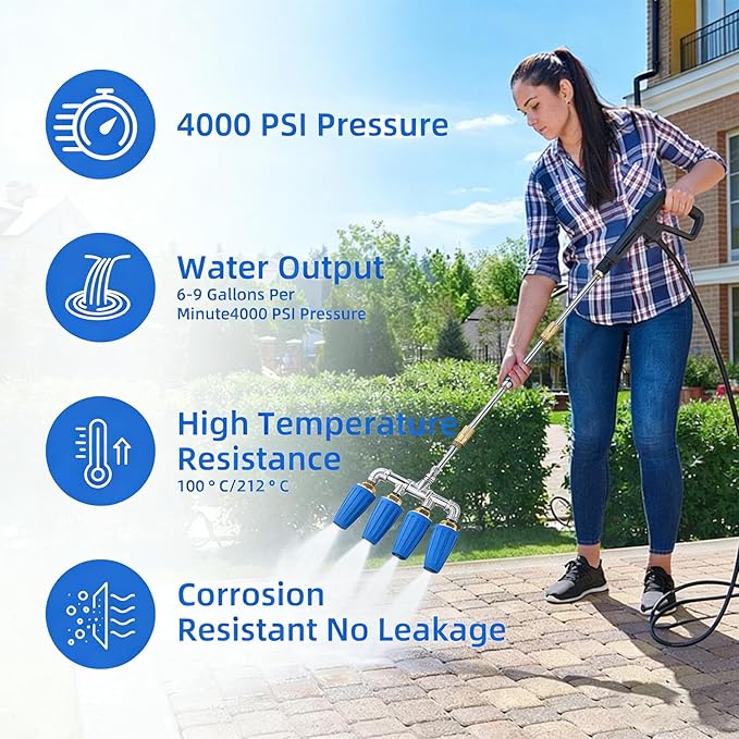 Quad Turbo Nozzle Pressure Washer, Quad Pressure Washer Nozzle, 360° Rotating 4000 PSI Turbo Nozzle with 1/4" Quick Connector 2.0 Orifice, 304 Stainless Steel for Driveway/Deck Clean(Blue)
