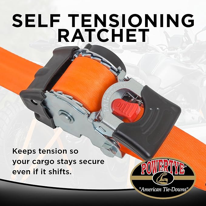 PowerTye - 2 inch x 10ft Long Retractable Ratchet Tie Down Strap with Latch-Hooks - Self-Retracting Ratchet, 800 lb W.L.L., Ideal for Motorcycle, ATV, Cargo, Includes Bag & Soft-Tyes, Blue (Pair)