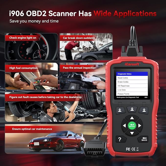 Multi-system OBDII Scanner for Volvo/Saab, iCarsoft i906 Full System Car Diagnostic Tool, Automotive Code Reader with Oil/SAS Reset, Battery Test, Live Graph Data, Full OBD Maintenance