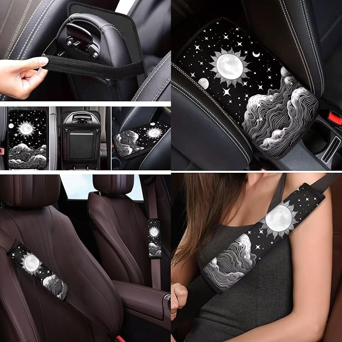 Mumeson Moon Car Seat Covers with 15 Inches Car Rubber Steering Wheel Cover 2 Pack Car Seatbelt Cushion Covers Soft Armrest Cover Universal Fit Cars Truck SUVs Van Most Vehicle