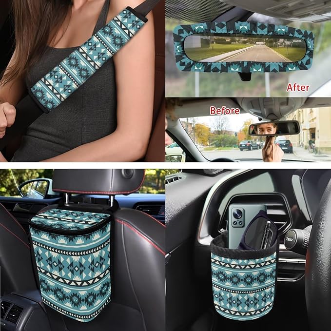 XYZCANDO Tribal Style Automobile Seat Cover Sets 15 PCS Car Seat Cover Set Steering Wheel Cover Seat Belt Pads Cover Garbage Bag Storage Box Rear View Mirror Cover Coasters Keychain Fit Most Cars