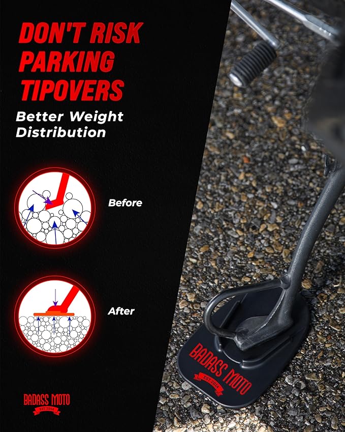 Badass Moto Motorcycle Kickstand Pad - Kick Stand Puck, Coaster Plate for Harley Davidson, Touring & Sport Bikes - Motorcycle Accessories for Grass, Dirt, Hot Pavement Parking Pad - Black (4-Pack)