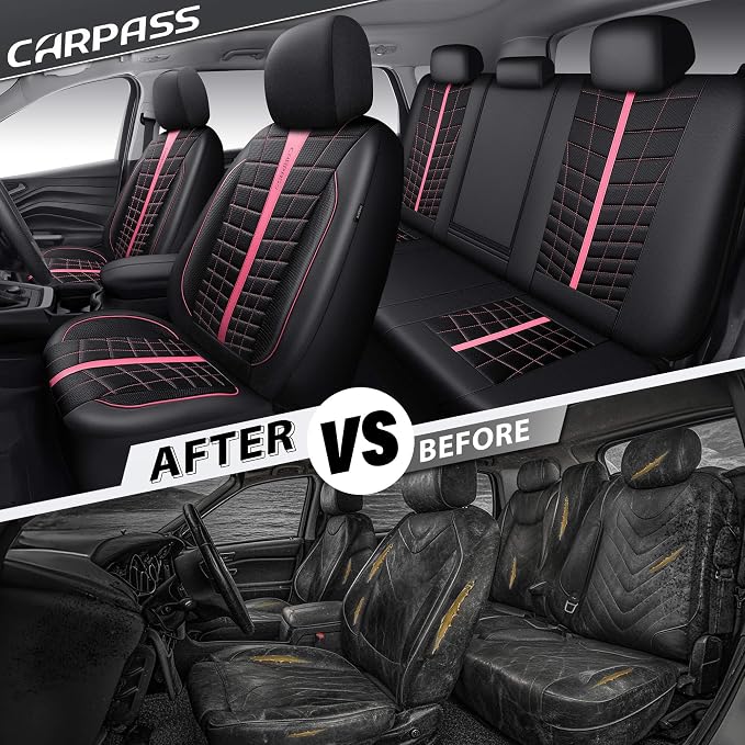 CAR PASS 3D Foam Mesh Leather Car Seat Covers Full Set, Breathable Premium Leather Seat Covers for Car,Anti Slip Universal Fit for Trucks Cars Sedans Vans SUVs, Airbag Compatible, Black Pink