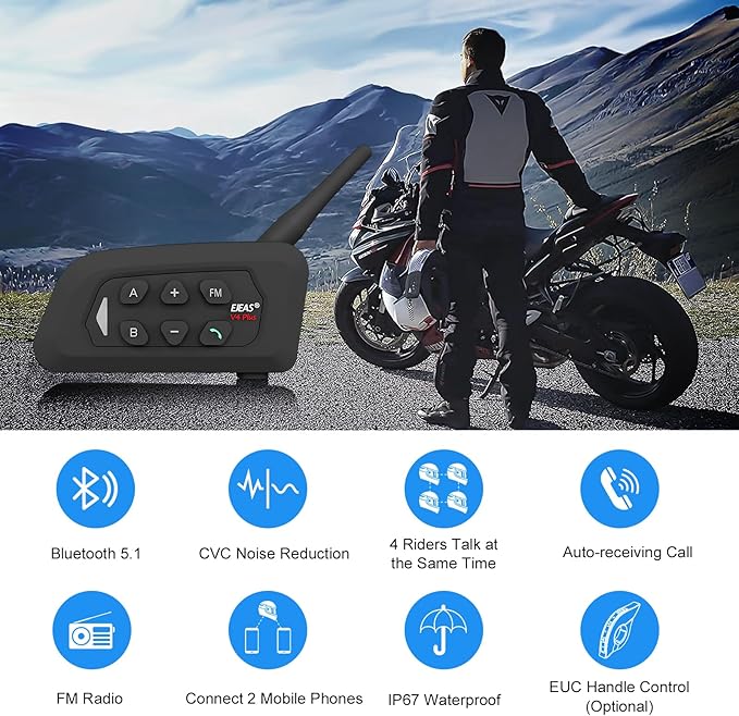Novamente V4 Plus Motorcycle Bluetooth Headset, 4-Way 1500m Helmet Intercom with IP65 Waterproof,Noise Cancellation,FM (2Packs)
