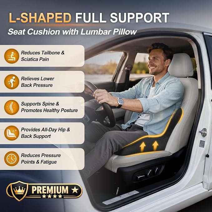 Allaboutsla Memory Foam Car Seat Cushion with Lumbar Support, L-Shaped Ergonomic Design for Long Driving, Pressure-Relief Comfort for Car, SUV, Semi Truck & Office Chair- Black