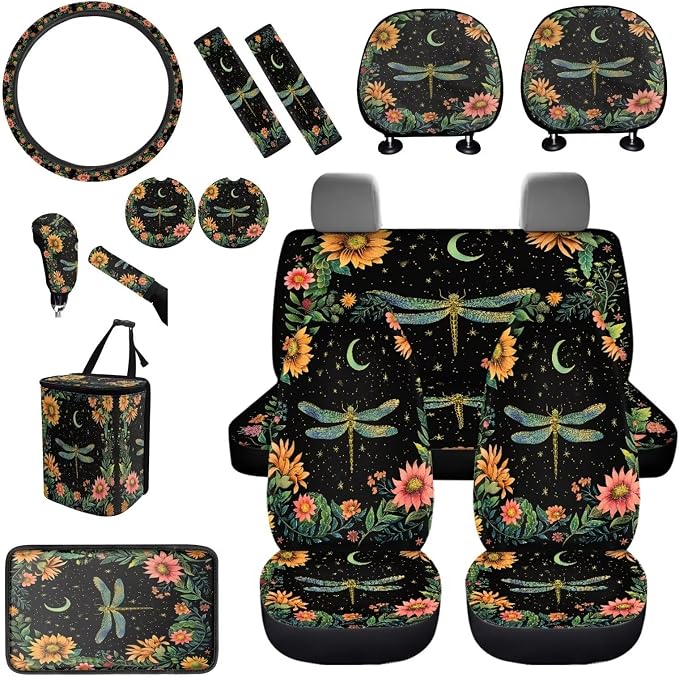 BIGCARJOB Blossom Floral Car Seat Cover Set - 15 Pcs Auto Interior Accessories - Vintage Lotus Steering Wheel Cover, Handbrake, Headrest Pillow, Seat Belt Pads