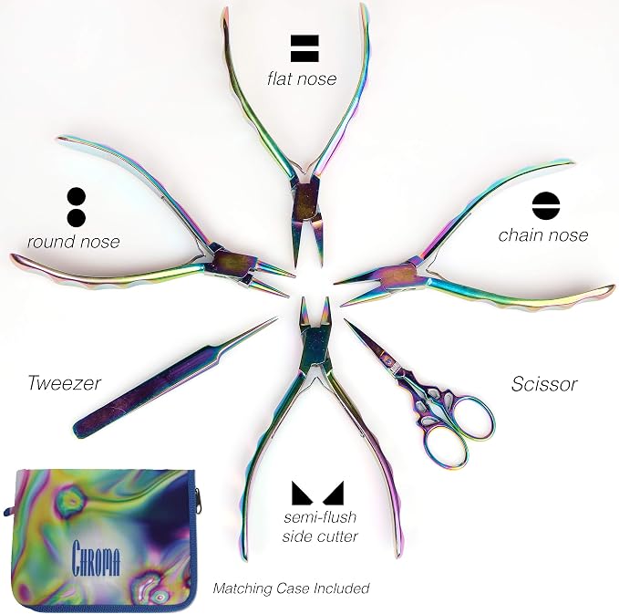 The Beadsmith 6-Piece Chroma Set - Jewelry-Making Tools Kit, Rainbow Titanium Finish, Includes 4 Pliers w/Tweezers and Scissors, Matching Case Included
