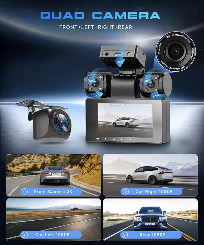4 Channel 360° Dash Cam, 2K Front 1080P Rear Left Right, 3" IPS Screen, 5G WiFi APP Control, 8 IR Night Vision, G-Sensor, Loop Recording, 24/7 Parking Monitoring for Cars, Trucks, SUVs