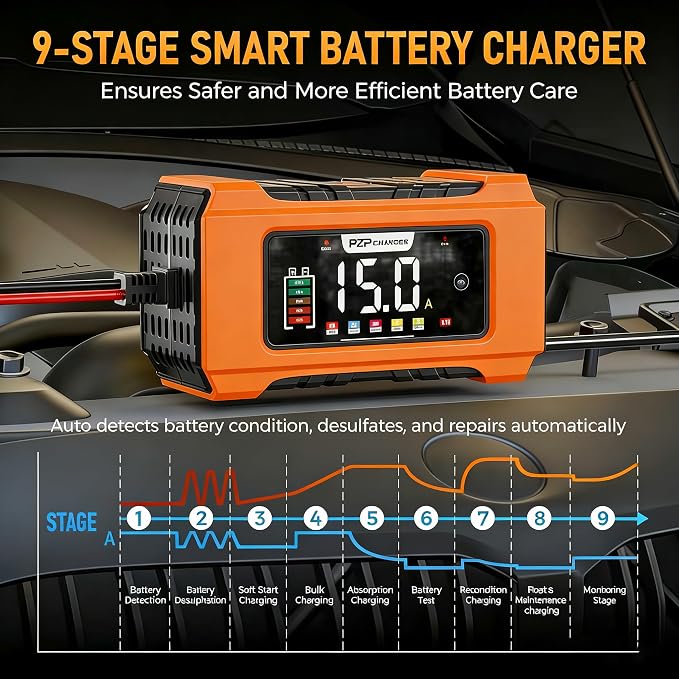 PZP 15-Amp 12V/24V Smart Battery Charger, Maintainer & Trickle Charger for LiFePO4, Lead Acid Batteries - Fully Automatic 9-Stage Charging w/Temp Compensation for Motorcycle Car Truck Lawnmower Boat