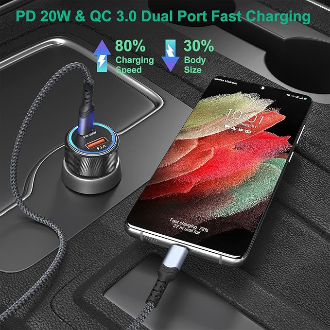 36W Dual Port Car Charger Adapter with 60W USB Type C Coiled Cable PD&QC 3.0 Fast Charging Cigarette Lighter USB Charger for iPhone, Galaxy, Pixel Devices