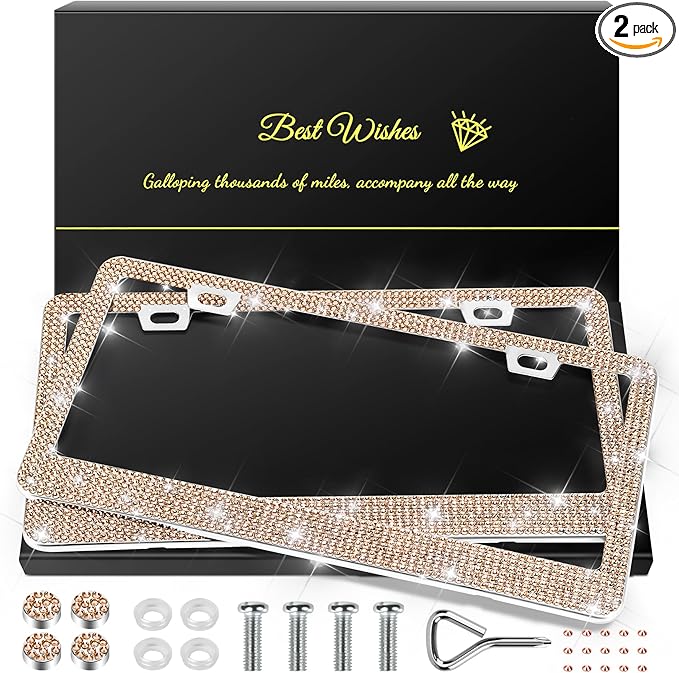 QUANQIUFEI 2 Pack Bling License Plate Frames for Women, Sparkly Rhinestone Diamond Car Accessories with Glitter Crystal Caps (Champagne)