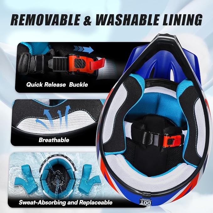Youth Dirt Bike Helmet DOT Approved, Kids Motocross Full Face Helmet with Adjustable Goggles Riding Gloves & Storage Bag, Off-Road Sport Gear Set for Boys Girls ATV UTV