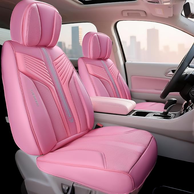 CAR PASS Pink Nappa Leather Seat Covers, Cute Girly Car Seat Covers Full Set for Women, Luxury 3D Sponge Support Waterproof Car Seat Protector, Universal Fit SUV Pick-up Truck Sedan Automotive