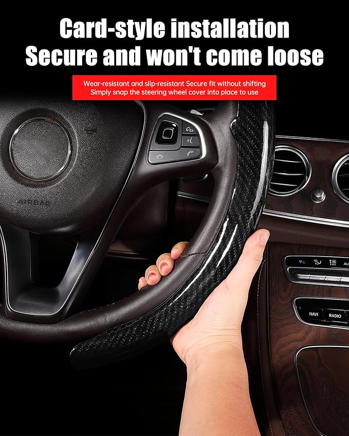 Car Steering Wheel Cover for Nissan Frontier, Rogue, Altima, Sentra, Pathfinder, Titan, Skyline Carbon Fiber Pattern Protective Cover - Black Compatible with 15-inch Wheels Aftermarket Accessories