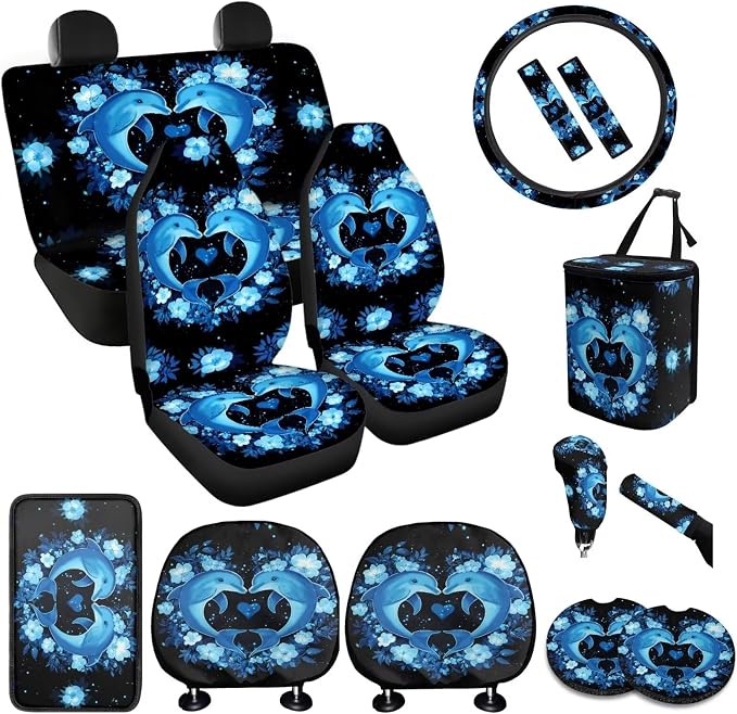 BIGCARJOB Cute Blue Dolphin Car Seat Accessories Full Set 15 Pack Neon Dolphin Seat Cover for Cars Front and Rear Handbrake Cover,Headrest Pillow Cover,Seat Belt Pads,Universal Fit