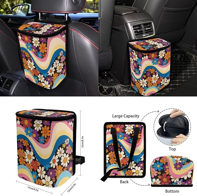 Hippie Flower 15 Pack Car Seat Cover Full Set with Car Steering Wheel Cover Auto Seat Belt Pads Cup Coaster Trash Can Rear View Mirror Cover Coasters Keychain